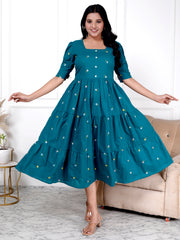 women Cotton Petrol Blue Embroidery Small Flowers Middi Gown