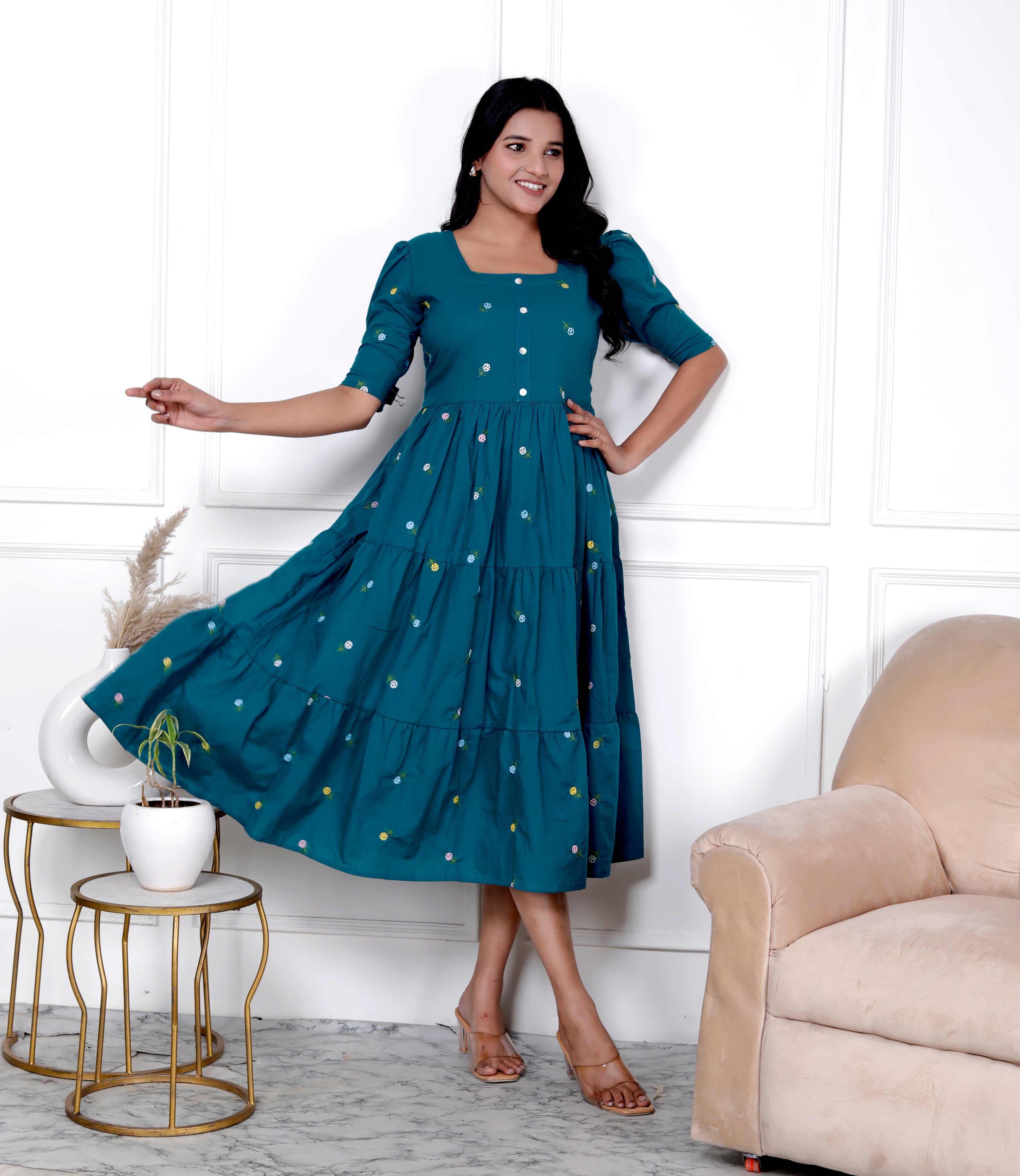 women Cotton Petrol Blue Embroidery Small Flowers Middi Gown