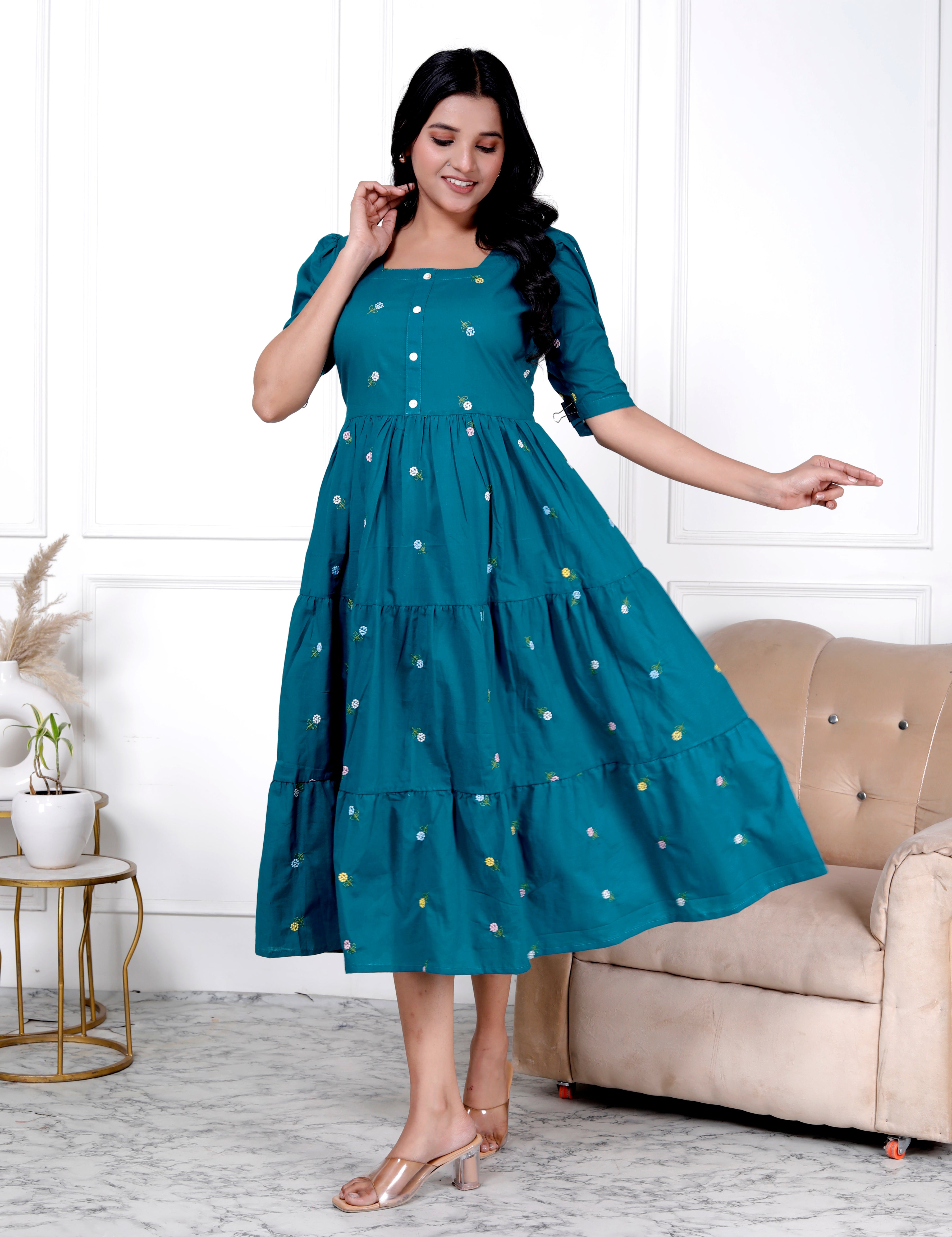 women Cotton Petrol Blue Embroidery Small Flowers Middi Gown