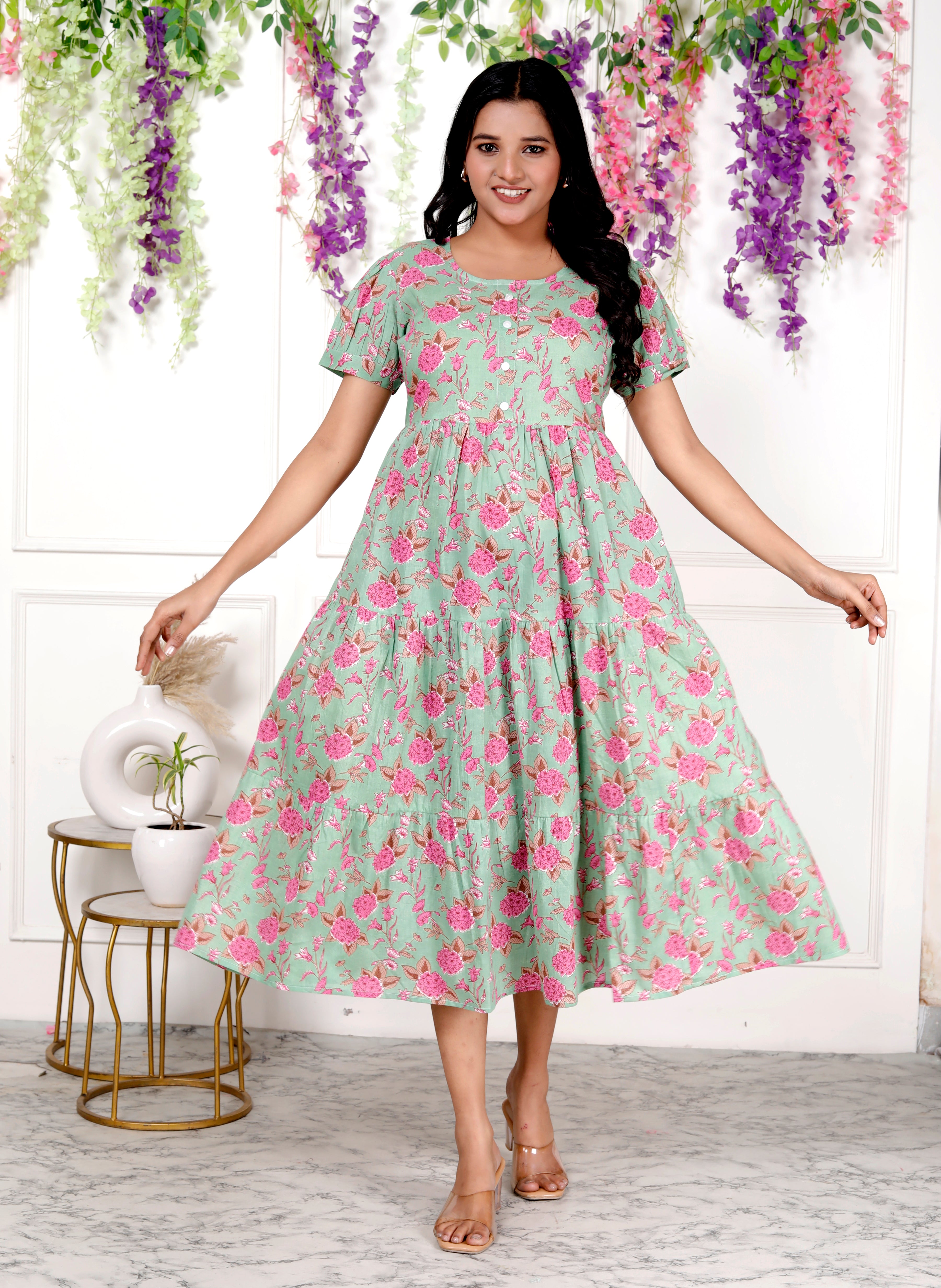 Women Light Green Floral Cotton Middy Gown