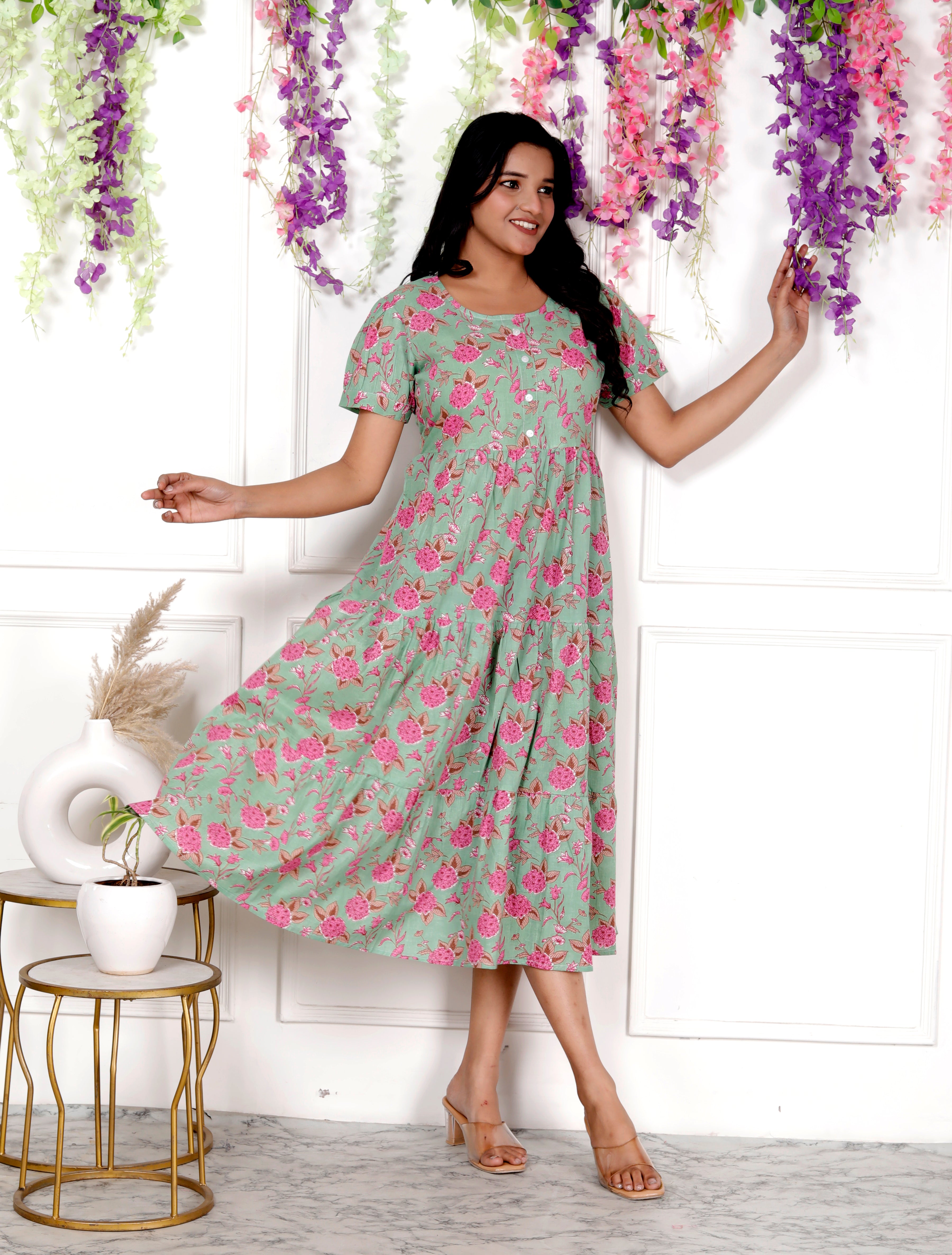 Women Light Green Floral Cotton Middy Gown