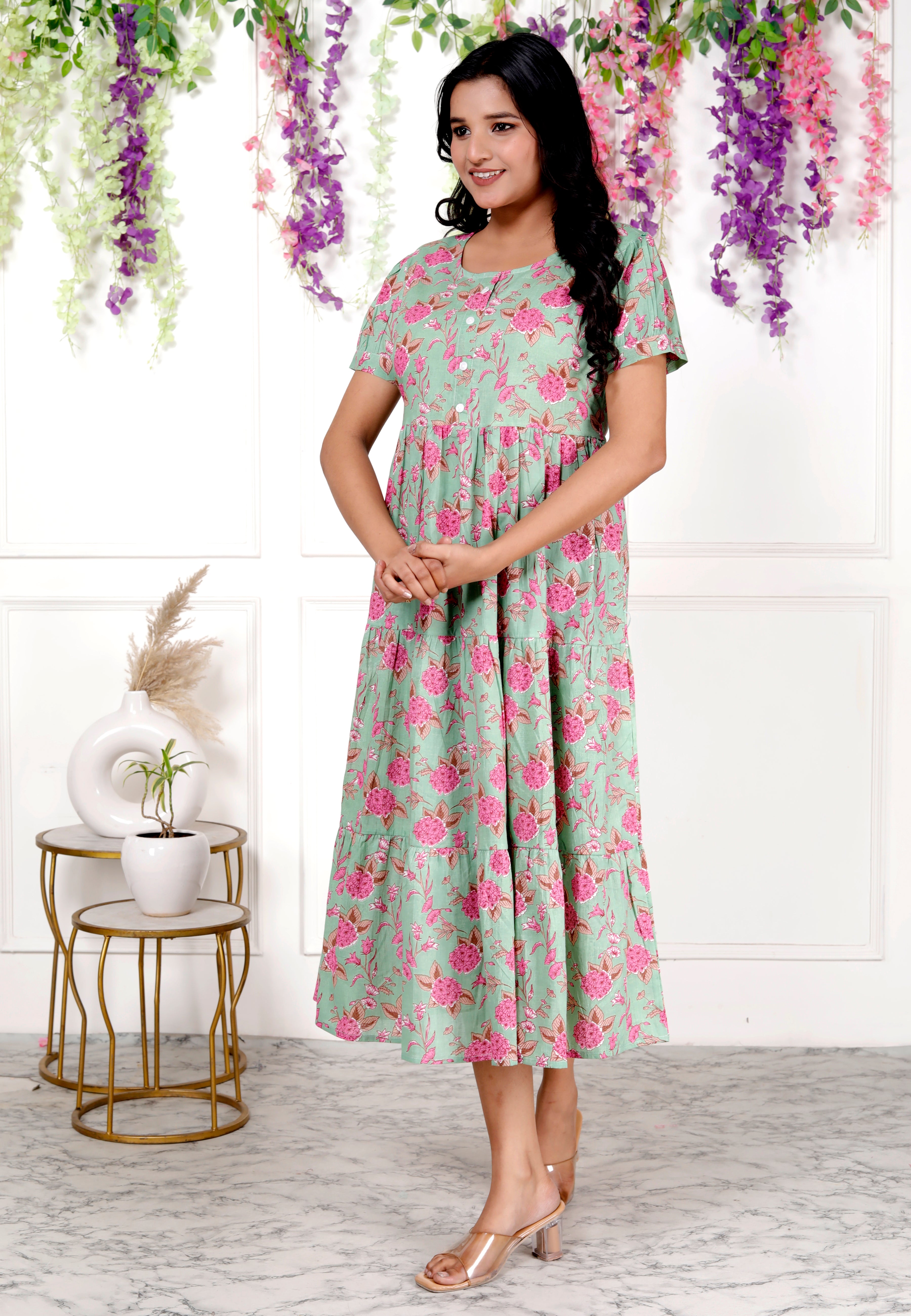 Women Light Green Floral Cotton Middy Gown