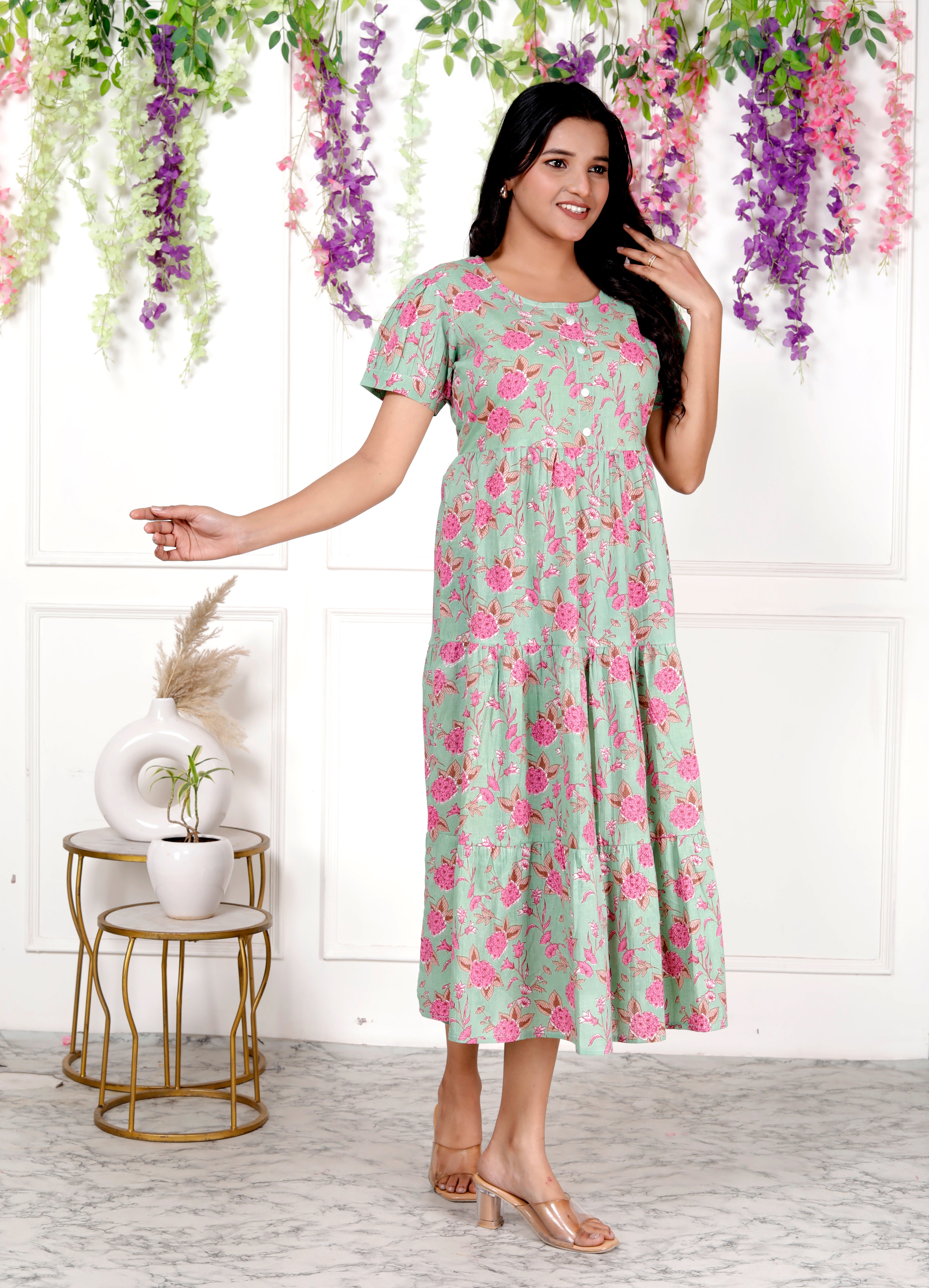 Women Light Green Floral Cotton Middy Gown