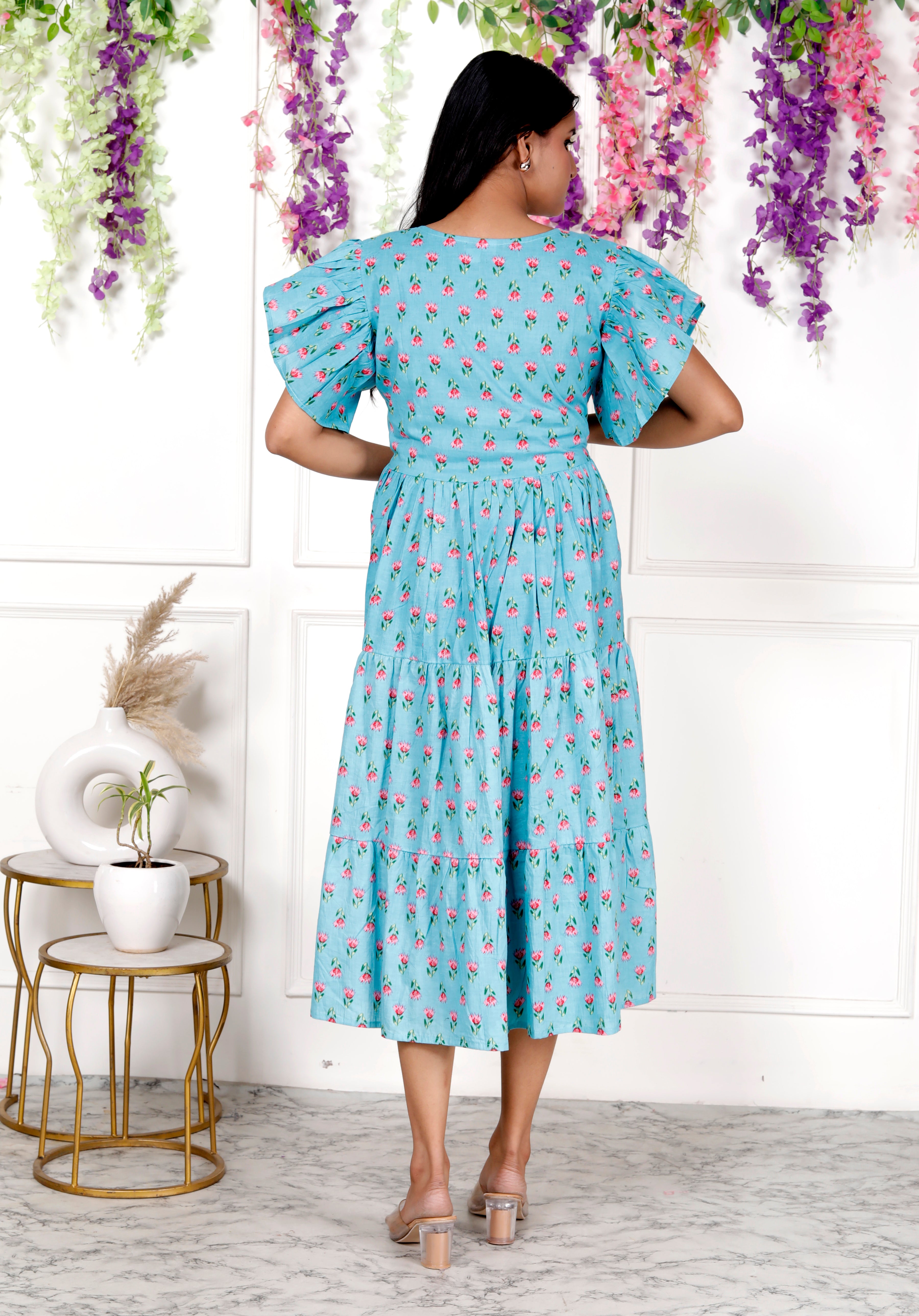 Women Blue Printed Cotton Middy Gown