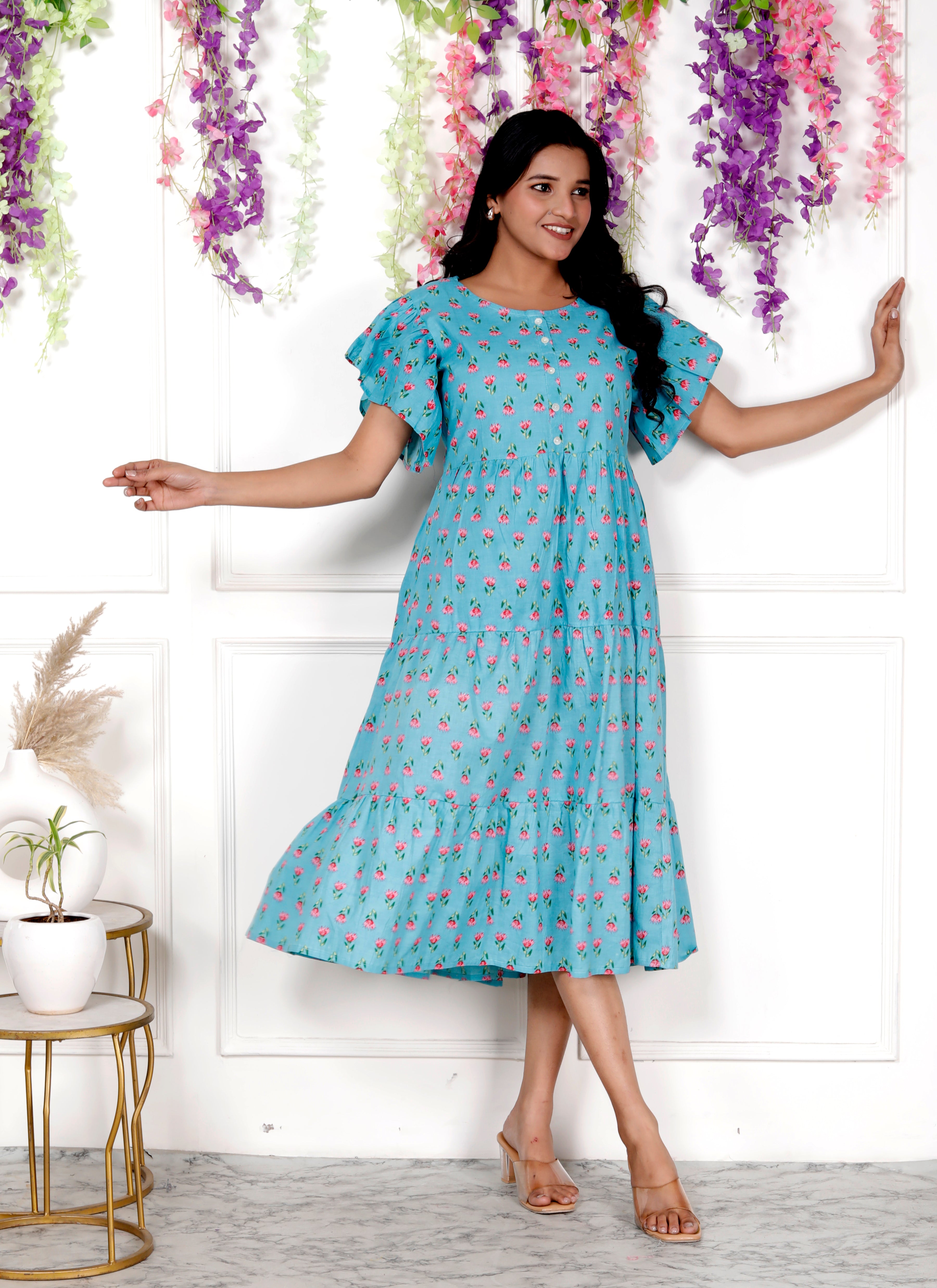 Women Blue Printed Cotton Middy Gown