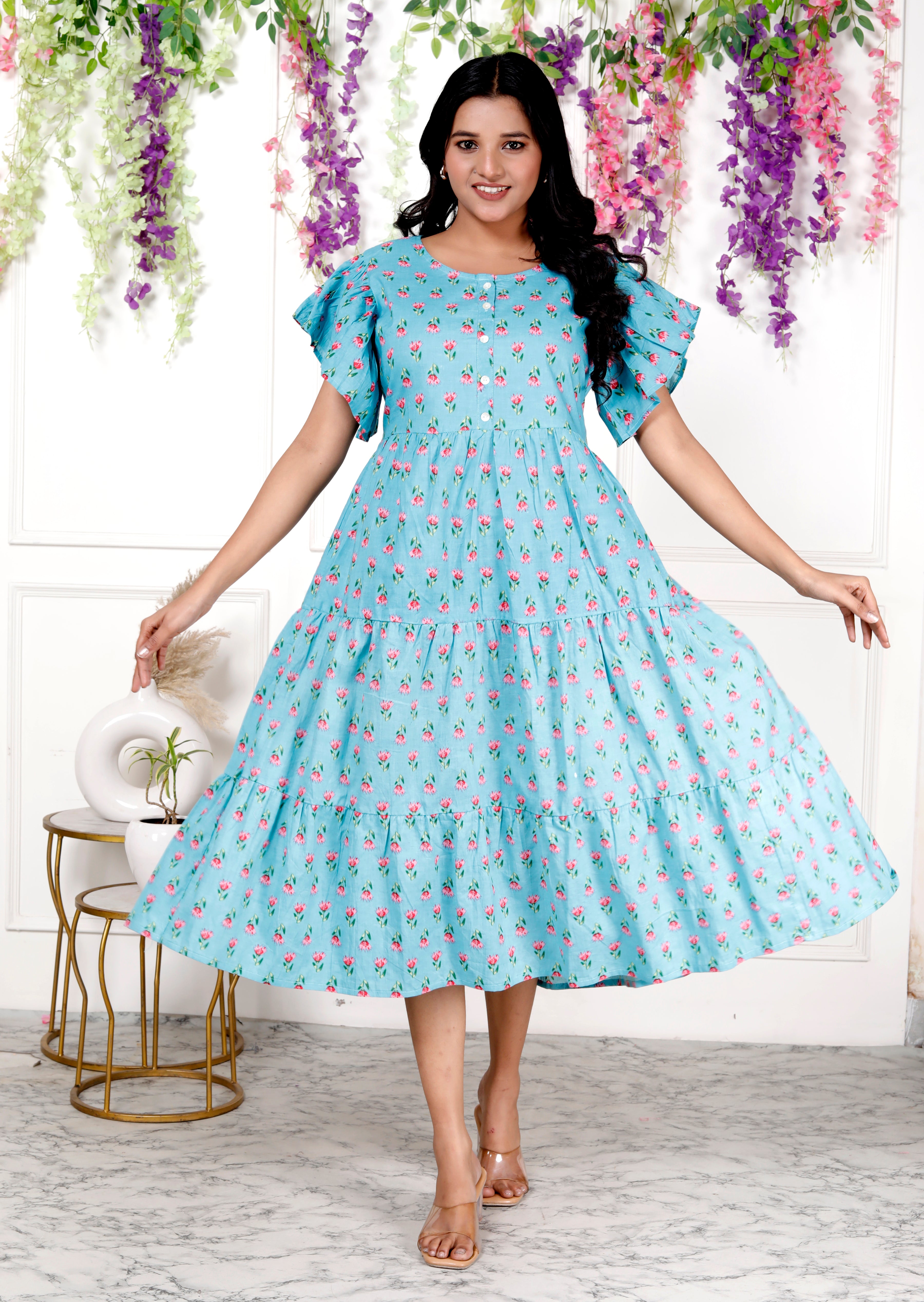 Women Blue Printed Cotton Middy Gown