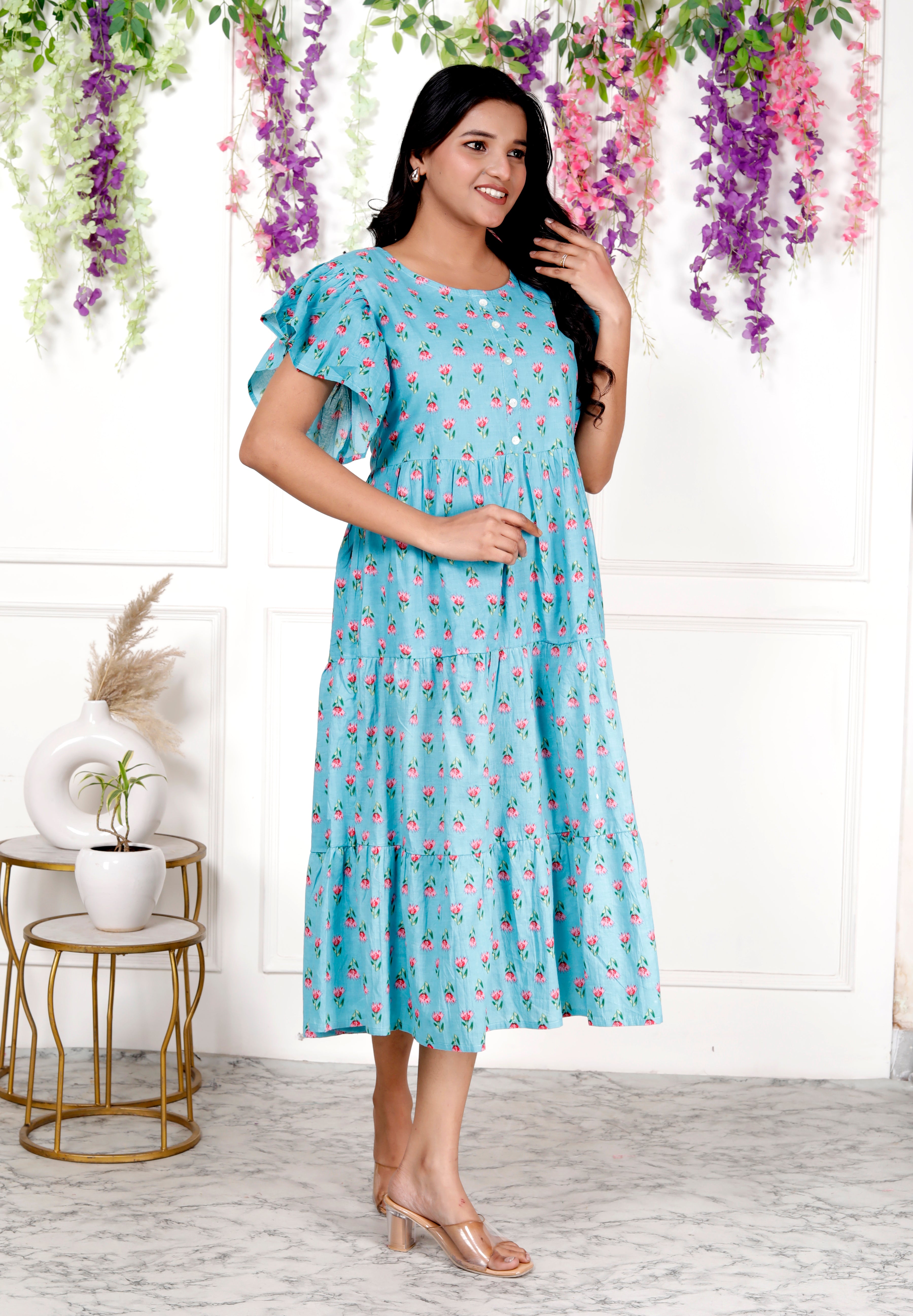 Women Blue Printed Cotton Middy Gown