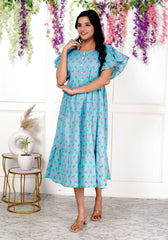 Women Blue Printed Cotton Middy Gown