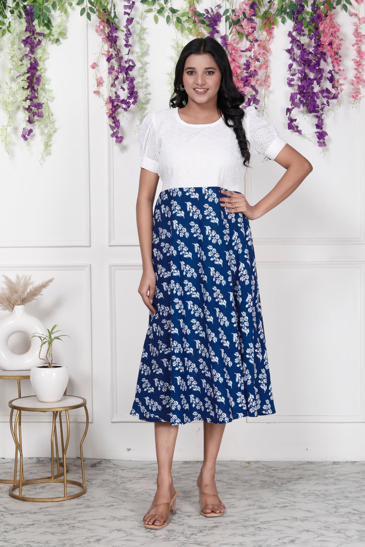 Women Schifli Blue Floral Cotton Middi Gown