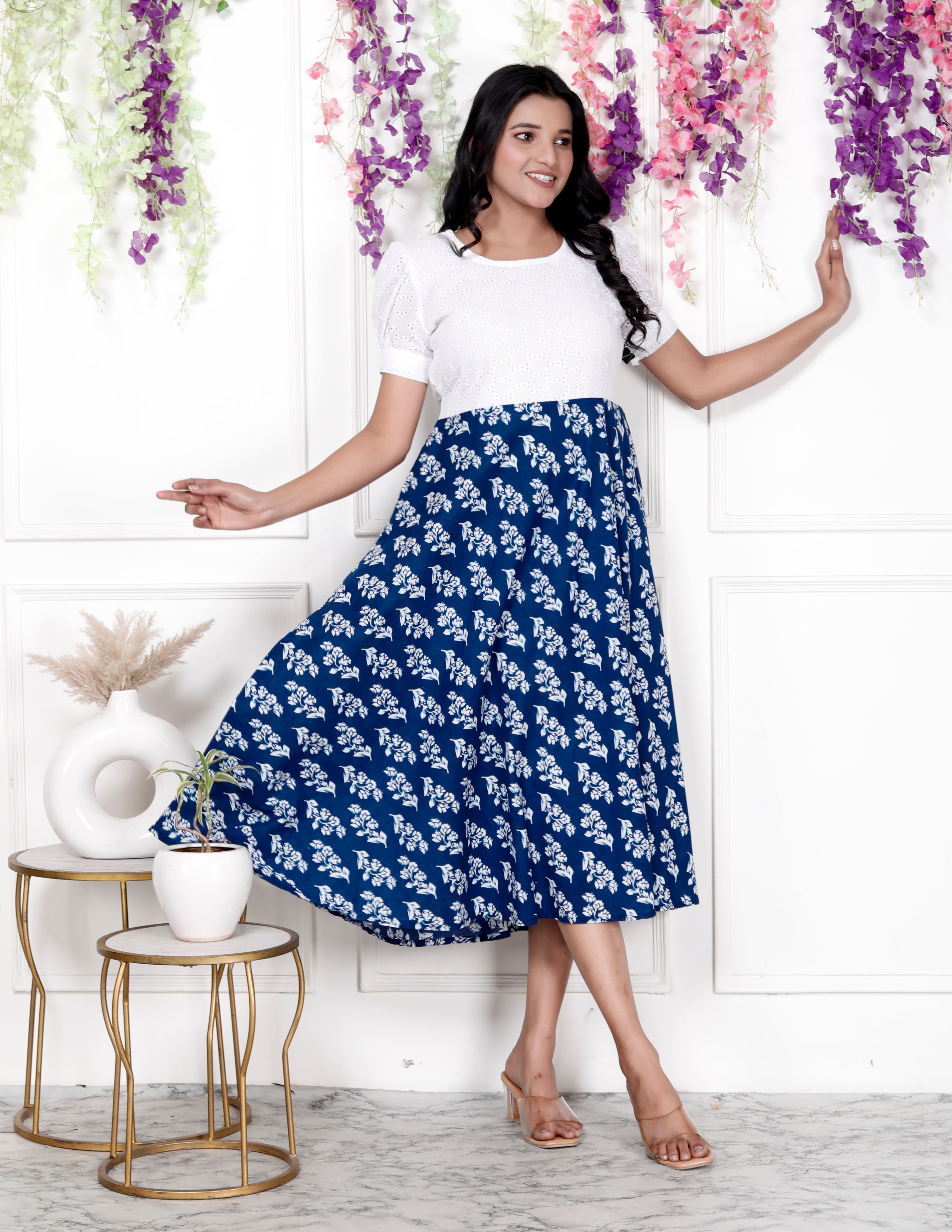 Women Schifli Blue Floral Cotton Middi Gown