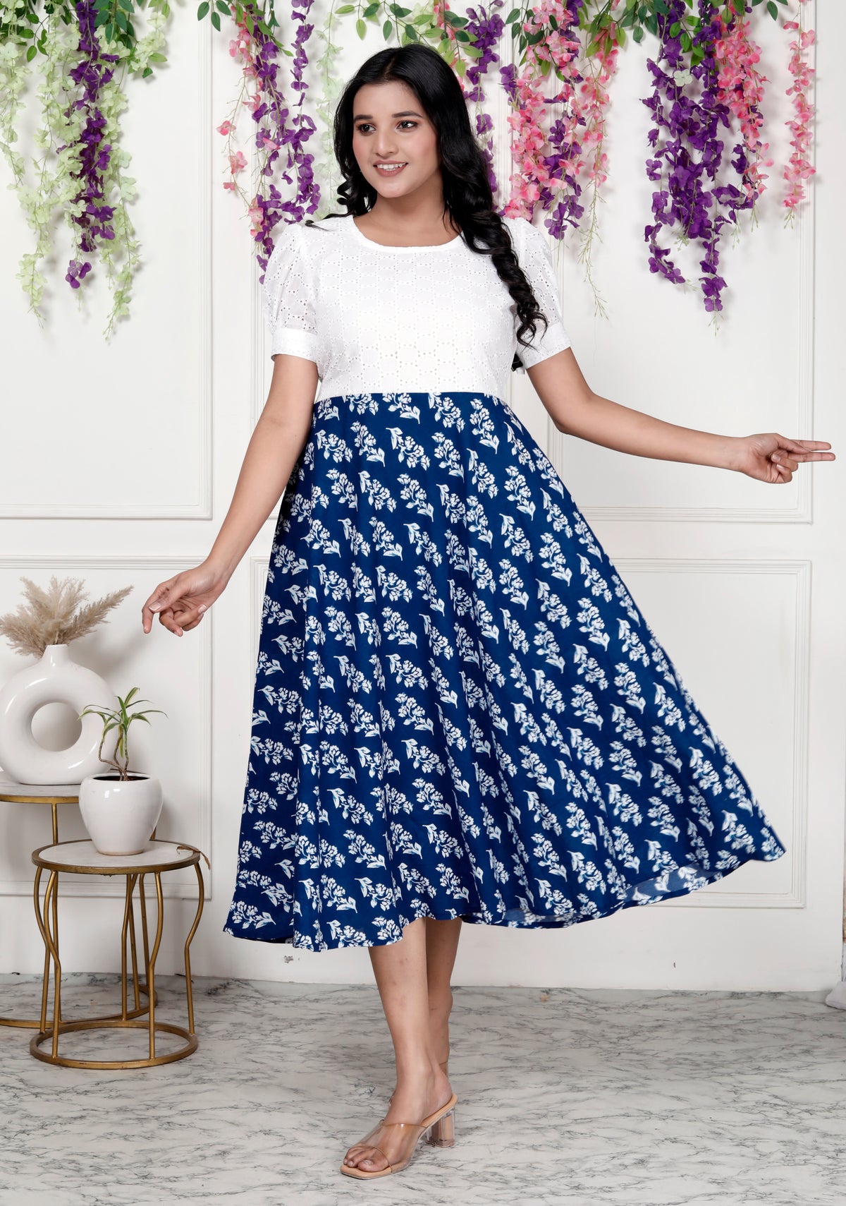 Women Schifli Blue Floral Cotton Middi Gown