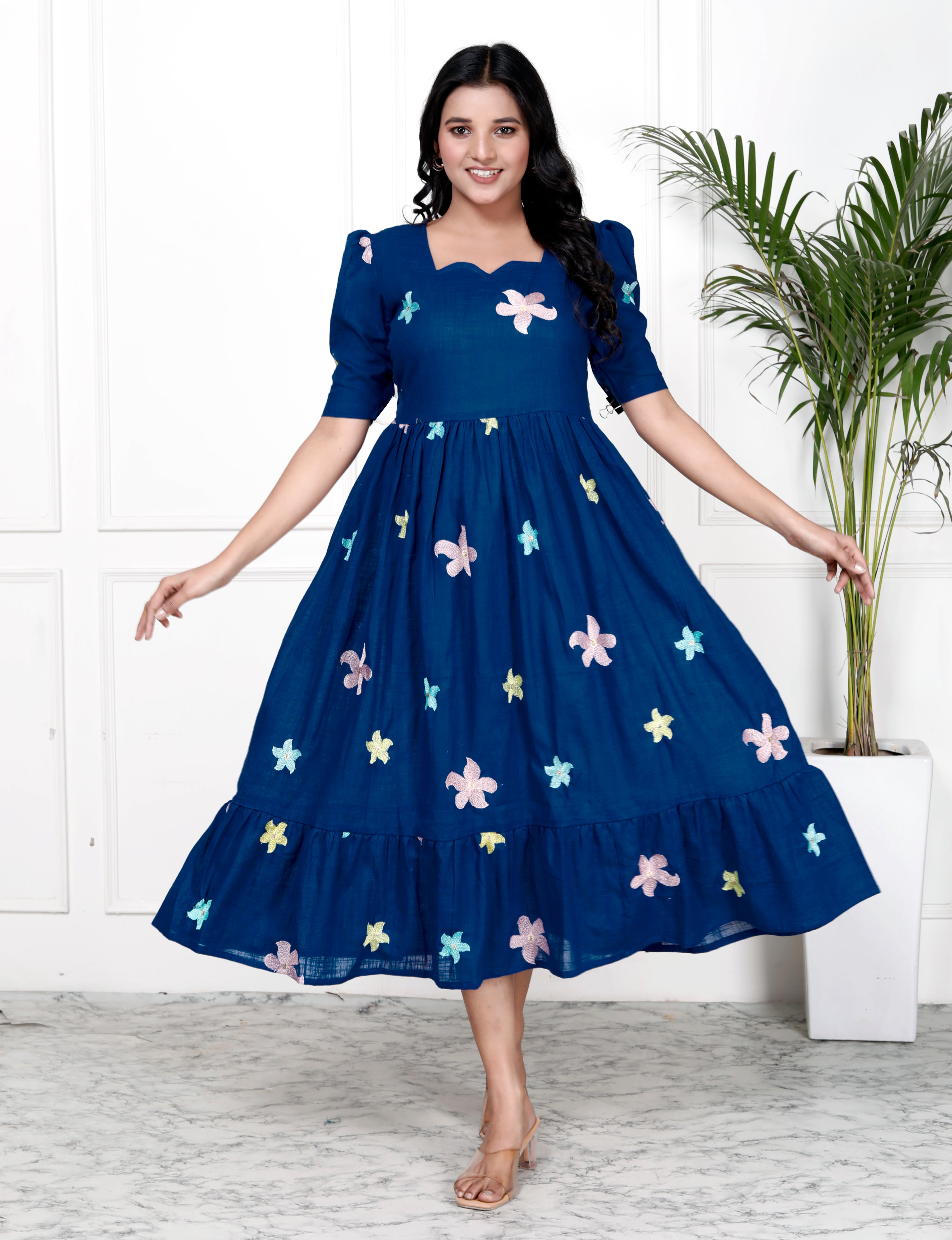 Women Royal Blue Cotton Embroidery Middi Gown