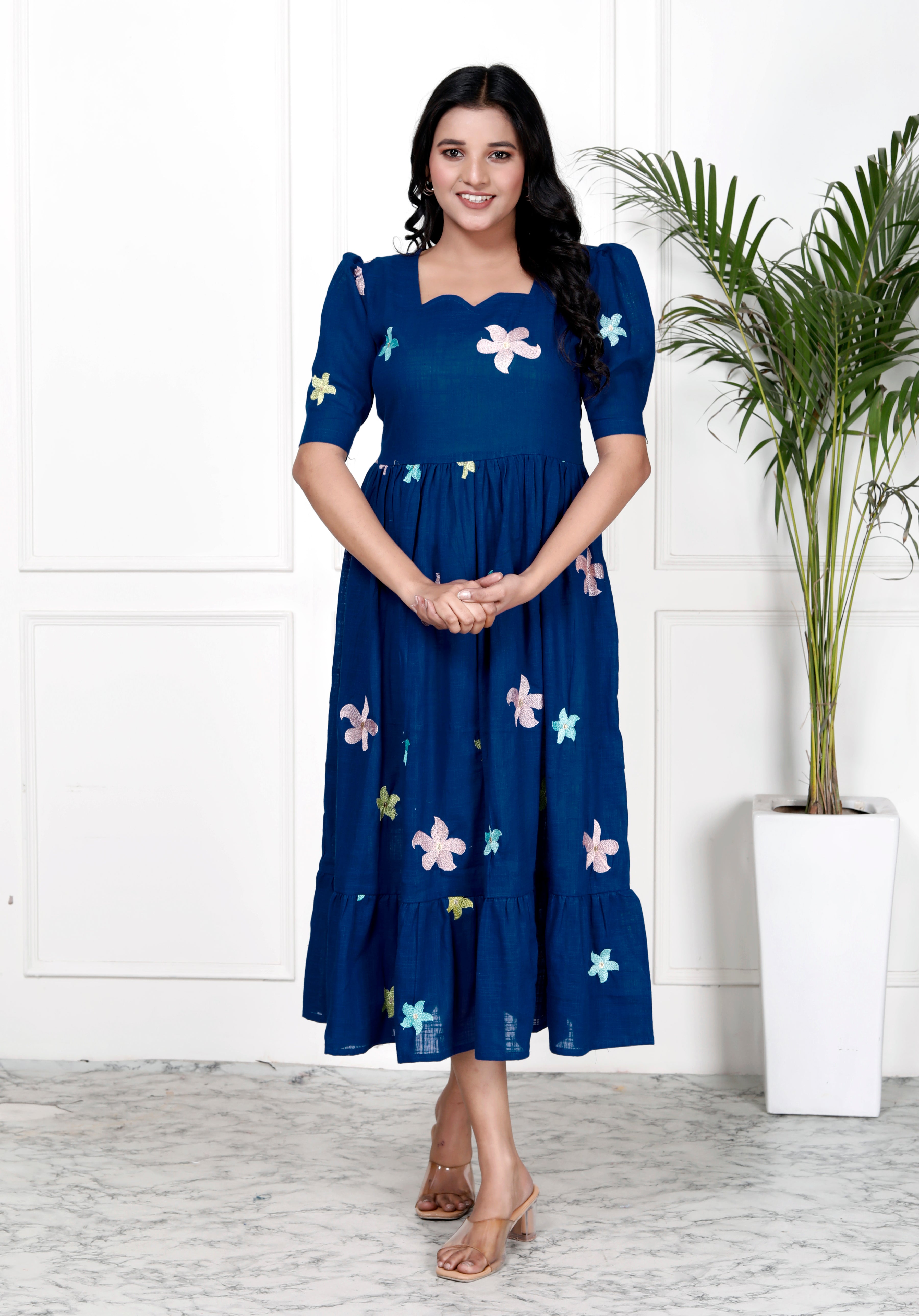 Women Royal Blue Cotton Embroidery Middi Gown