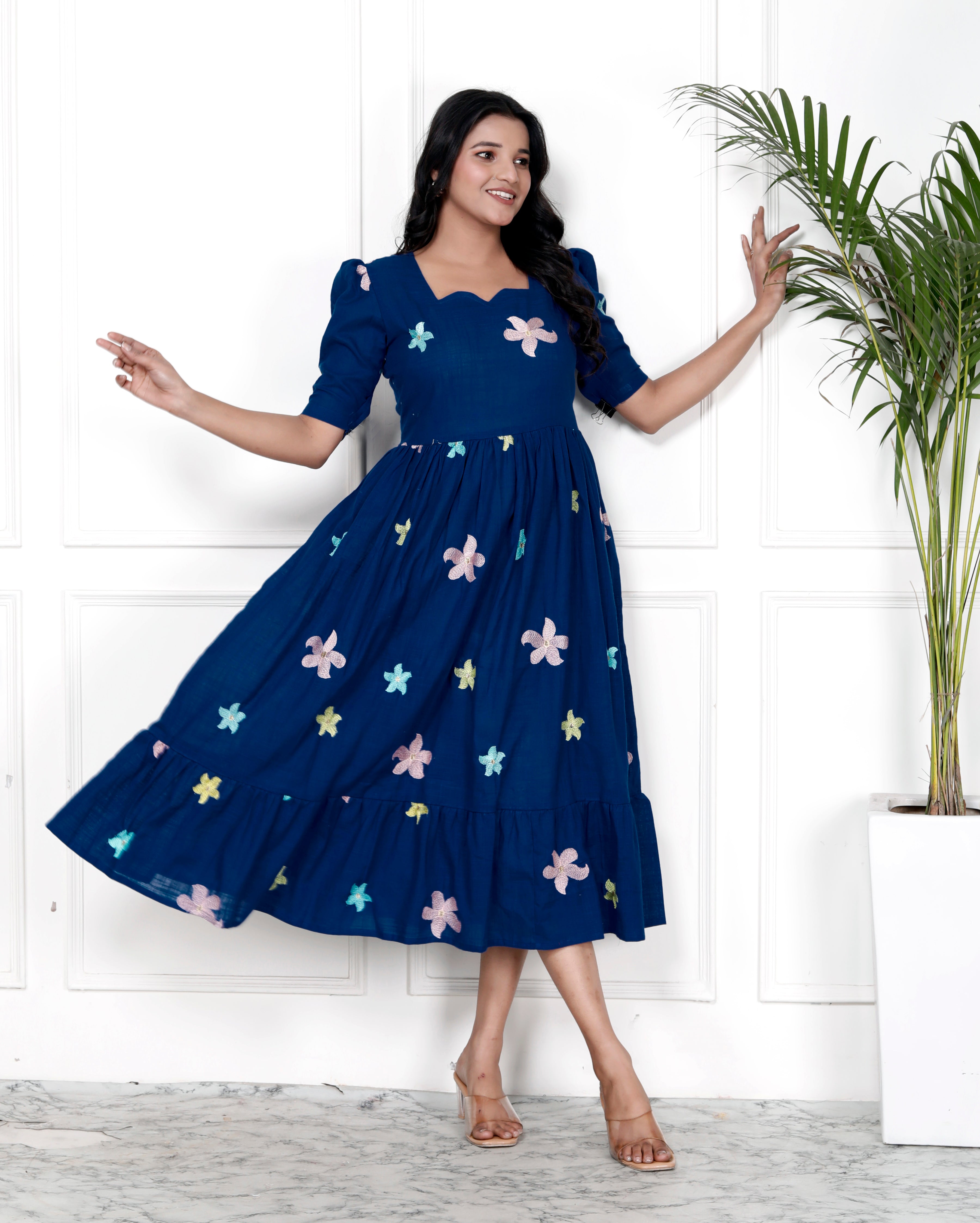 Women Royal Blue Cotton Embroidery Middi Gown