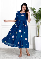 Women Royal Blue Cotton Embroidery Middi Gown