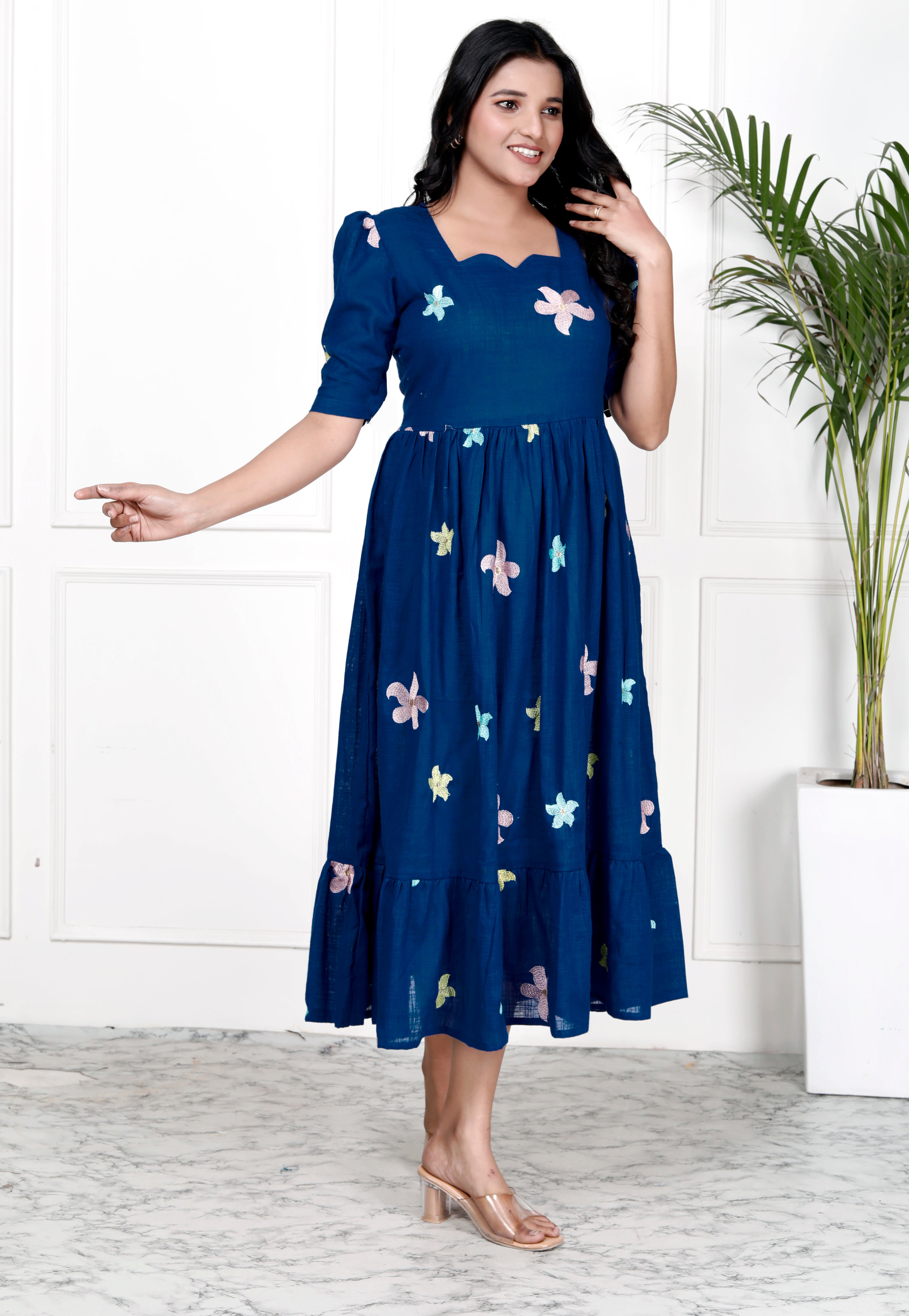 Women Royal Blue Cotton Embroidery Middi Gown