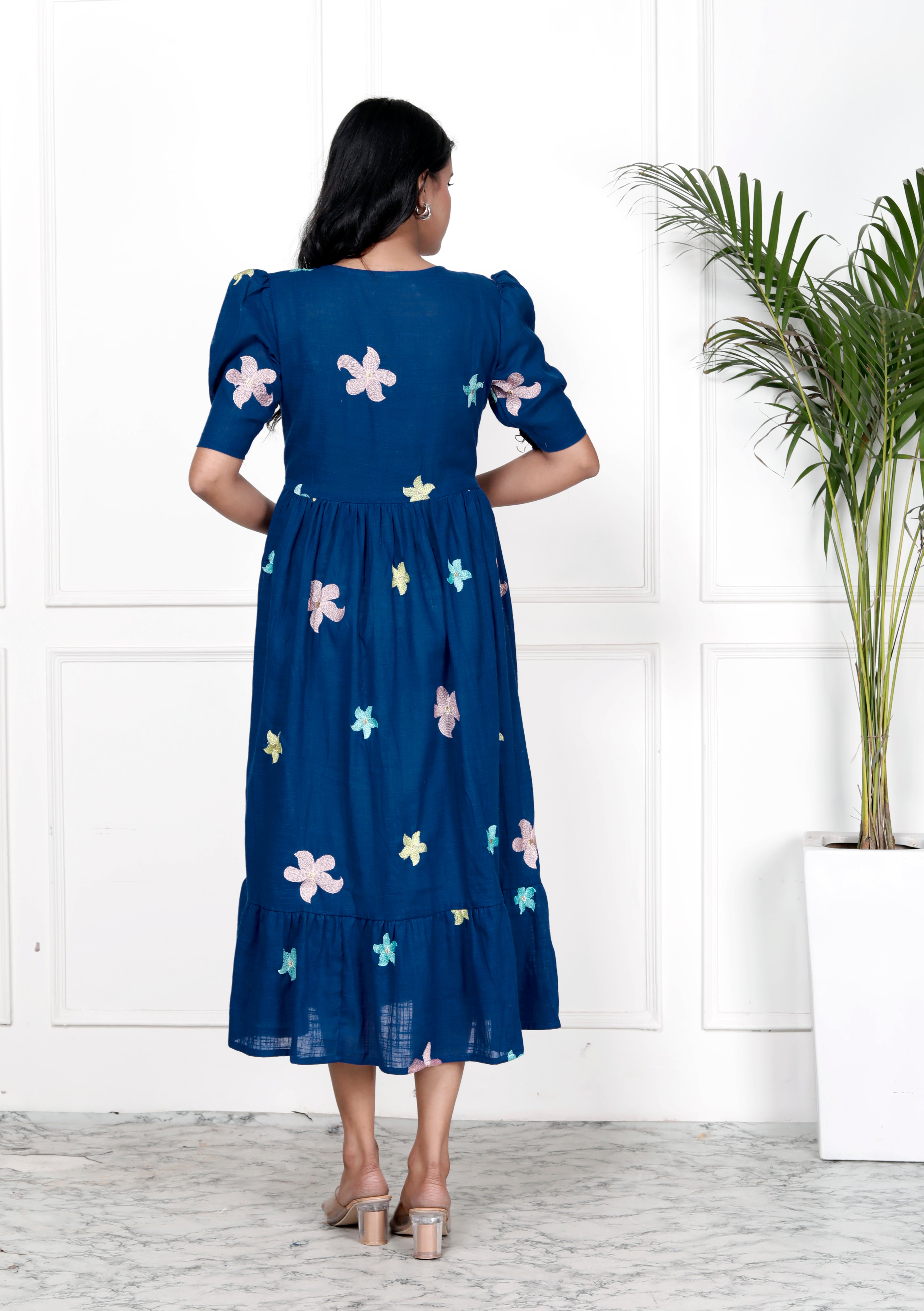 Women Royal Blue Cotton Embroidery Middi Gown