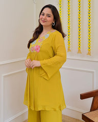 Women Yellow Cotton Embroidery Landscape Co-Ord set