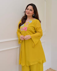 Women Yellow Cotton Embroidery Landscape Co-Ord set