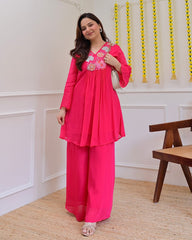 Women Pink Cotton Embroidery Library Co-Ord set