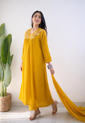 Women Yellow Cotton Beautiful Embroidery Kurta Pant and Embroidery Dupatta set