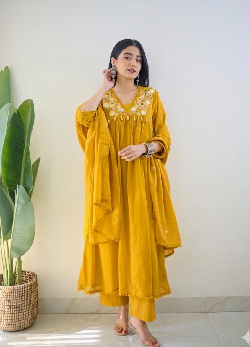 Women Yellow Cotton Beautiful Embroidery Kurta Pant and Embroidery Dupatta set
