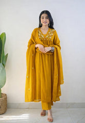 Women Yellow Cotton Beautiful Embroidery Kurta Pant and Embroidery Dupatta set