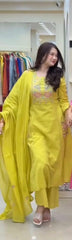 Women Greenish-Yellow Cotton Kodi Embroidery Kurta Pant and Malmal Dupatta set