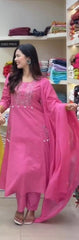 Women Pink Cotton Kodi Embroidery Kurta Pant and Malmal Dupatta set