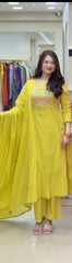 Women Greenish-Yellow Cotton Kodi Embroidery Kurta Pant and Malmal Dupatta set