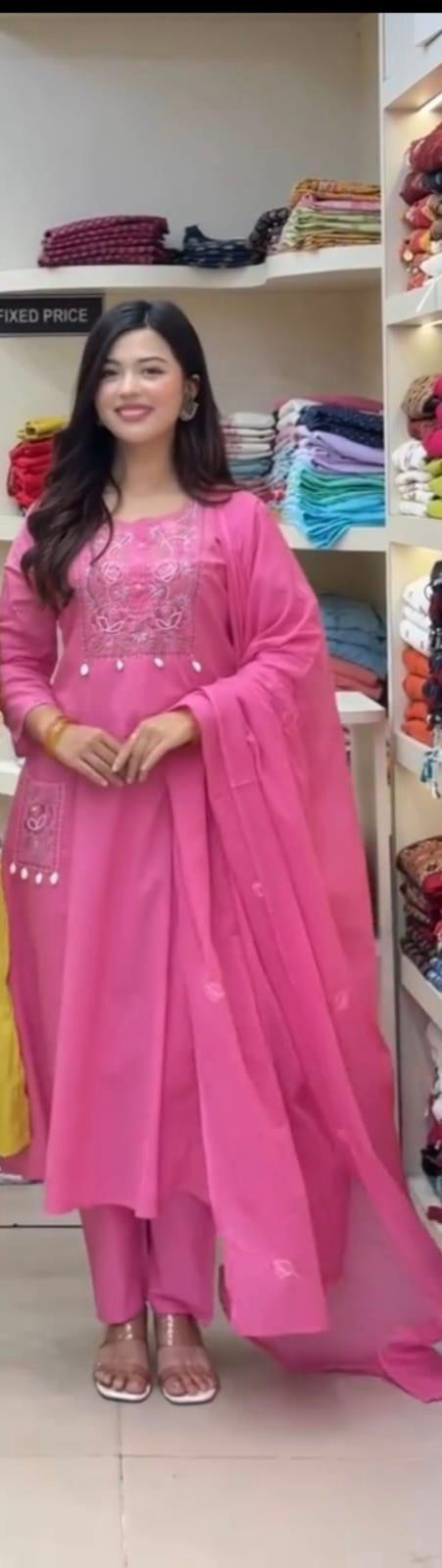 Women Pink Cotton Kodi Embroidery Kurta Pant and Malmal Dupatta set