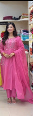 Women Pink Cotton Kodi Embroidery Kurta Pant and Malmal Dupatta set