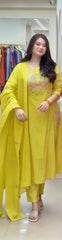 Women Greenish-Yellow Cotton Kodi Embroidery Kurta Pant and Malmal Dupatta set