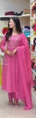 Women Pink Cotton Kodi Embroidery Kurta Pant and Malmal Dupatta set