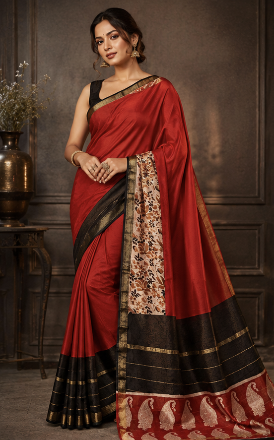 Pure Red block Printed Maheshwari Border Silk Saree