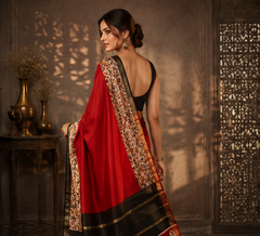 Pure Red block Printed Maheshwari Border Silk Saree