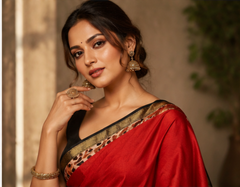 Pure Red block Printed Maheshwari Border Silk Saree