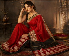 Pure Red block Printed Maheshwari Border Silk Saree