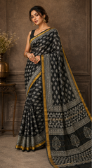 Pure Black Block printed Maheshwari Border silk Saree