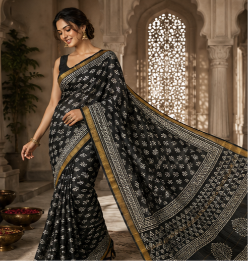 Pure Black Block printed Maheshwari Border silk Saree