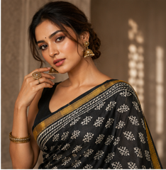 Pure Black Block printed Maheshwari Border silk Saree