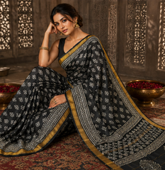 Pure Black Block printed Maheshwari Border silk Saree