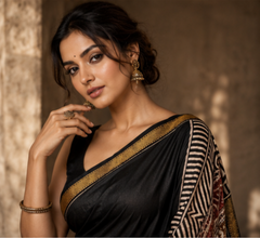Pure Black Maheshwari Border Silk Saree