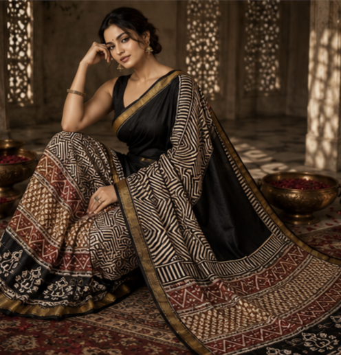 Pure Black Maheshwari Border Silk Saree