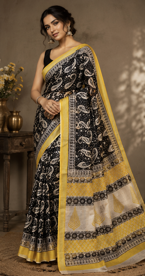 Pure Black Shell Maheshwari Border Silk Saree