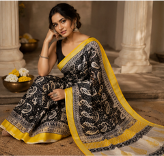 Pure Black Shell Maheshwari Border Silk Saree