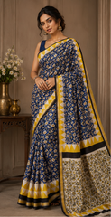 Pure Navy Blue Flowers Maheshwari Border Silk Saree