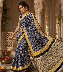 Pure Navy Blue Flowers Maheshwari Border Silk Saree
