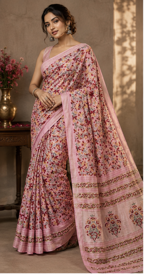 Pure Pink Block Printed Maheshwari Border Silk Saree