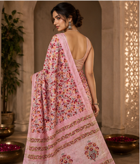 Pure Pink Block Printed Maheshwari Border Silk Saree